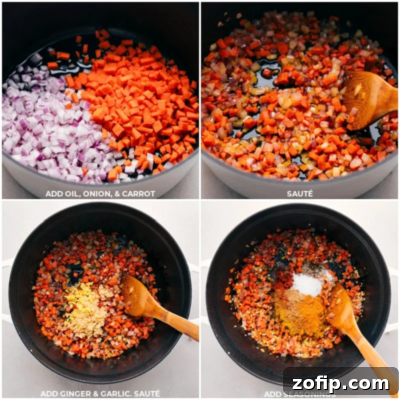 Step-by-step process shots: onions and carrots sautéing in a pot, followed by the addition of ginger, and then dry spices being stirred into the fragrant mixture.