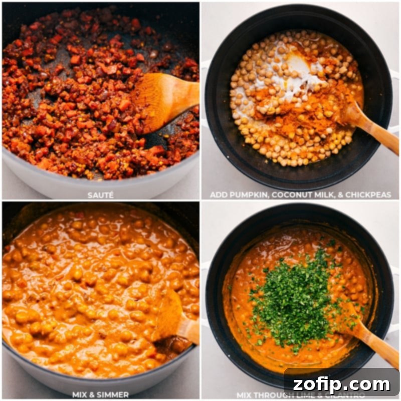 Process shots showing the addition of canned pumpkin, coconut milk, and chickpeas to the sautéed base, followed by simmering, and finally, the stirring in of fresh lime and cilantro.