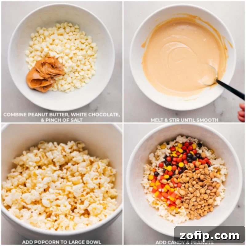 Visual steps for making Candy Corn Popcorn, showing peanut butter, chocolate, and salt being melted, popcorn being added to a bowl with candies, and mixing.