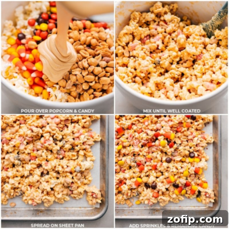Finished steps for Candy Corn Popcorn, showing the melted mixture poured over popcorn and candy, mixed, spread on a sheet pan, and topped with sprinkles.