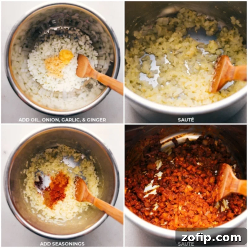 The initial step of cooking Instant Pot Butter Chicken, showing coconut oil, diced yellow onion, minced garlic, fresh ginger paste, and an array of fragrant spices simmering together in the pot, developing a rich aromatic base.