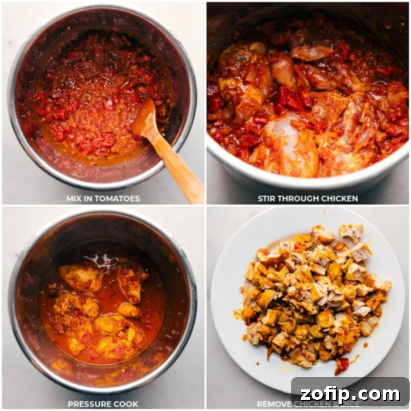 The process of making Instant Pot Butter Chicken: first, tomatoes are stirred into the aromatic base, then chicken is added and pressure-cooked, followed by the chicken being removed and diced into bite-sized pieces.
