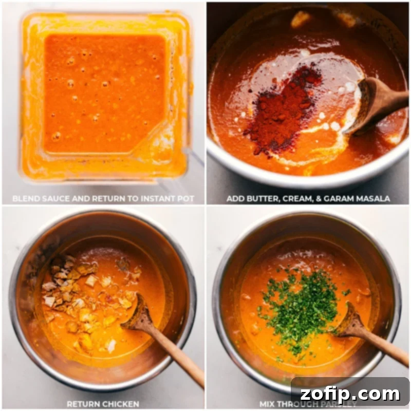 The final stage of Instant Pot Butter Chicken preparation, with the smooth, blended sauce in the pot, enriched with cubes of unsalted butter, a swirl of heavy cream, diced cooked chicken, and a sprinkle of aromatic spices, creating a truly rich and inviting dish.