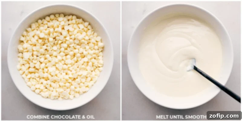 Process shots: combine white chocolate chips and vegetable oil; melt until smooth in a microwave-safe bowl