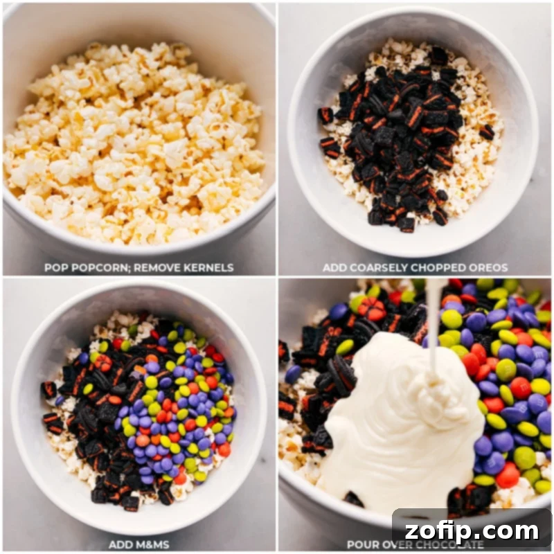 Process shots: Pop popcorn and remove unpopped kernels; add chopped Halloween Oreos and Halloween M&M's; pour melted white chocolate over top.