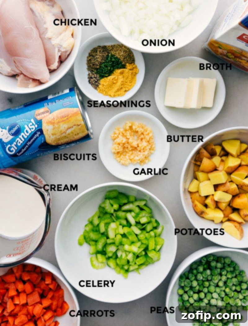 Complete Ingredient List for the Recipe Carefully arranged ingredients for Instant Pot Chicken and Dumplings, showcasing fresh vegetables, chicken thighs, and herbs.