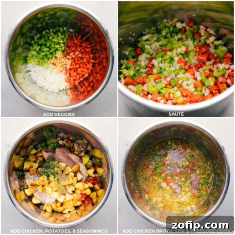 Making Instant Pot Chicken and Dumplings with Biscuits: Step-by-Step Process Step-by-step photos illustrating the Instant Pot Chicken and Dumplings recipe, from sautéing vegetables to adding chicken and broth.