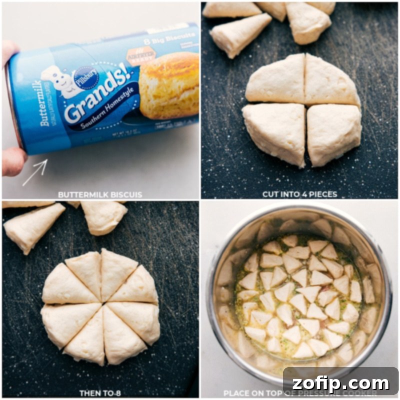 Preparing Biscuits for Chicken and Dumpling Instant Pot Recipe Process shots demonstrating how to prepare buttermilk biscuits for the Instant Pot Chicken and Dumplings recipe, showing them quartered and then into smaller pieces.