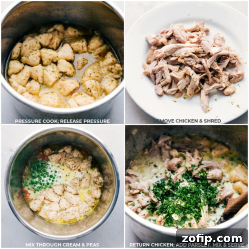 Post-Cooking Steps for Chicken and Dumpling Instant Pot Recipe Post-cooking steps for Instant Pot Chicken and Dumplings: showing pressure release, chicken shredding, and the addition of cream and peas.