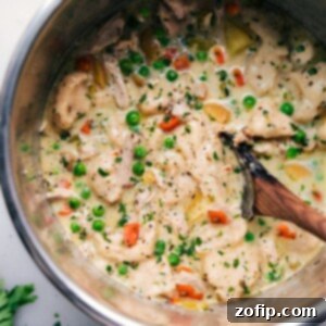 One-Pot Chicken and Dumplings 2 Instant Pot Chicken and Dumplings in a bowl with a fork.