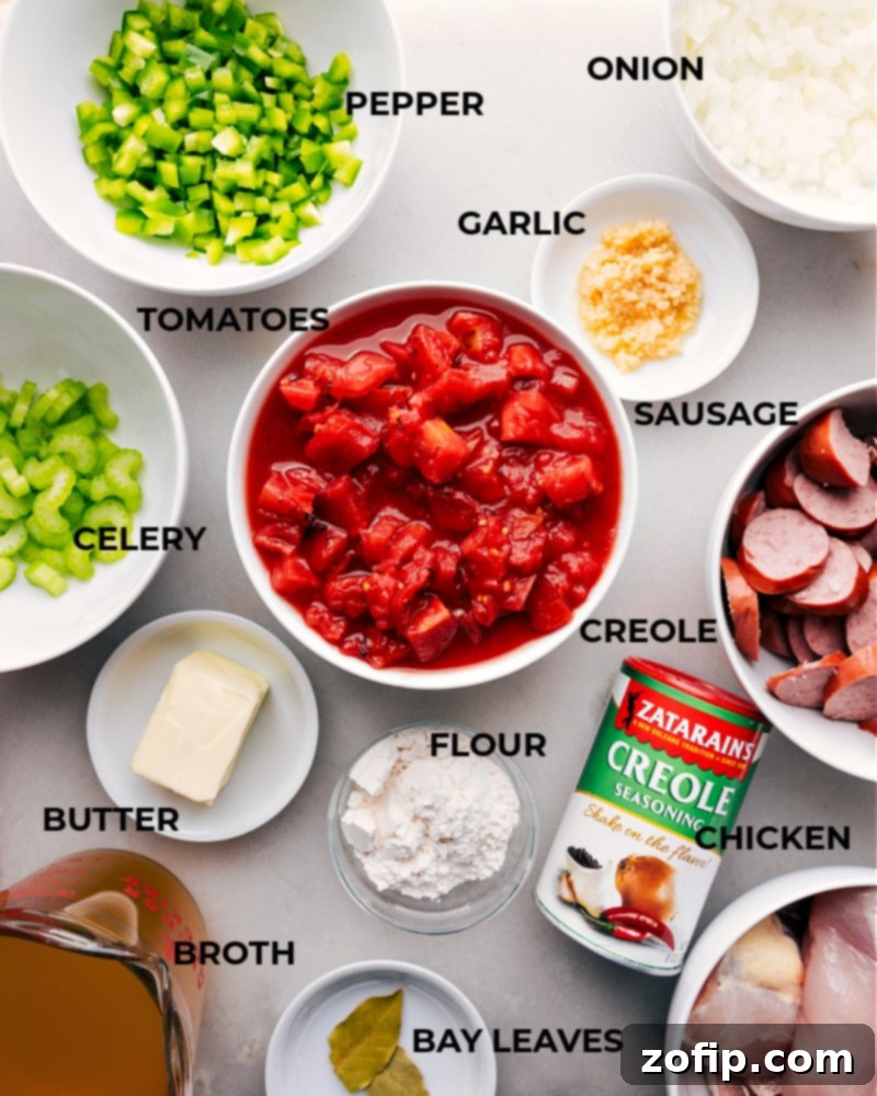 A flat lay image displaying all the fresh and canned ingredients for Instant Pot Chicken, Sausage, and Rice.