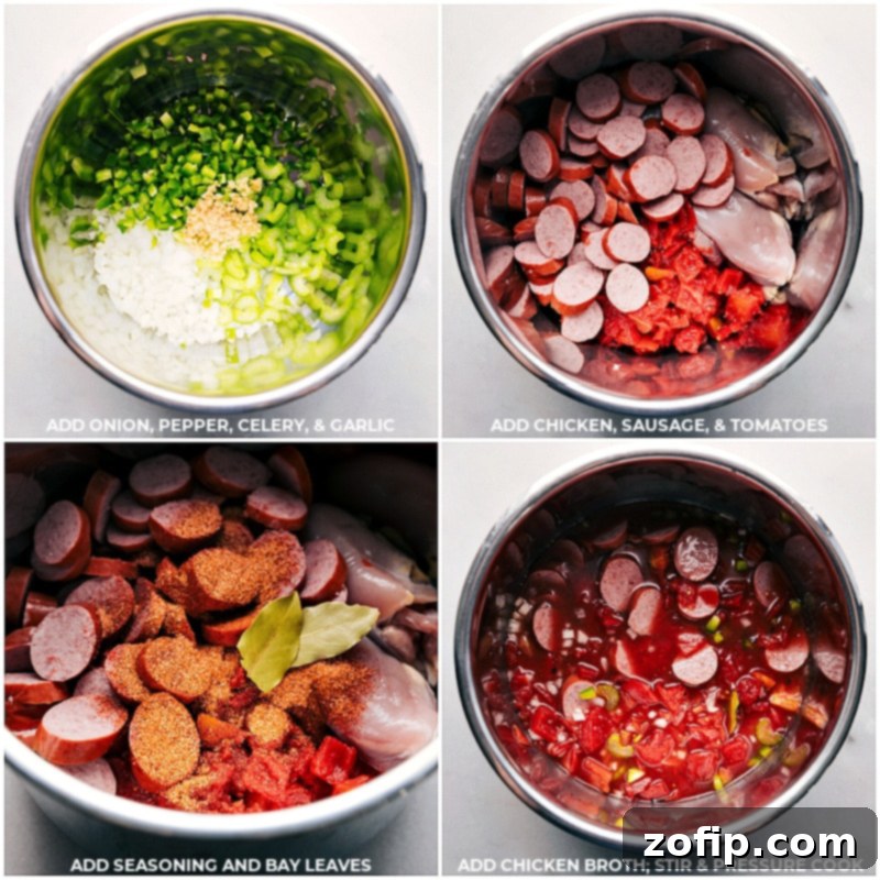 Process shots showing various ingredients like chopped vegetables, chicken, sausage, tomatoes, and broth being added to the Instant Pot.
