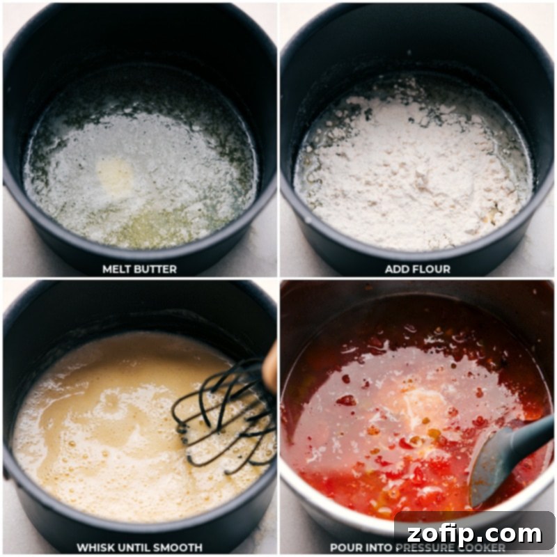 Close-up process shot of a creamy roux being made in a small pot on the stovetop, ready to be added to the pressure cooker.