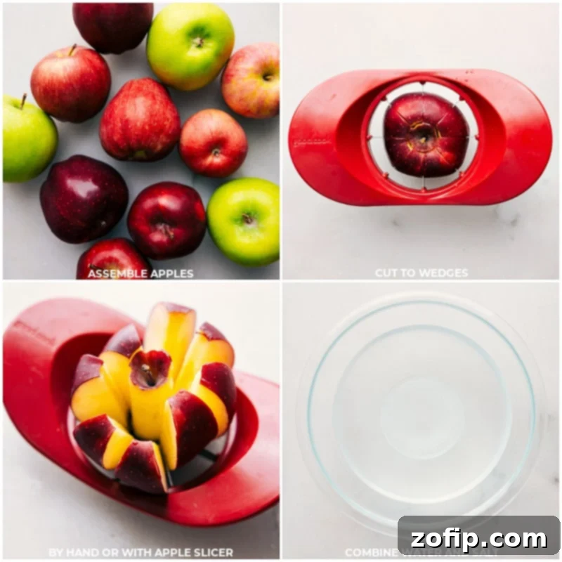 Step-by-step images showing apples being cored and sliced, demonstrating the preparation process for the caramel apple bar.