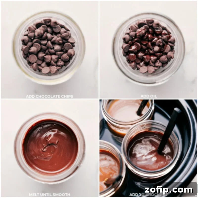 Process images showing various dipping sauces, including caramel and chocolate, melting and being carefully transferred into mason jars, then placed into a Crock-Pot to keep warm.