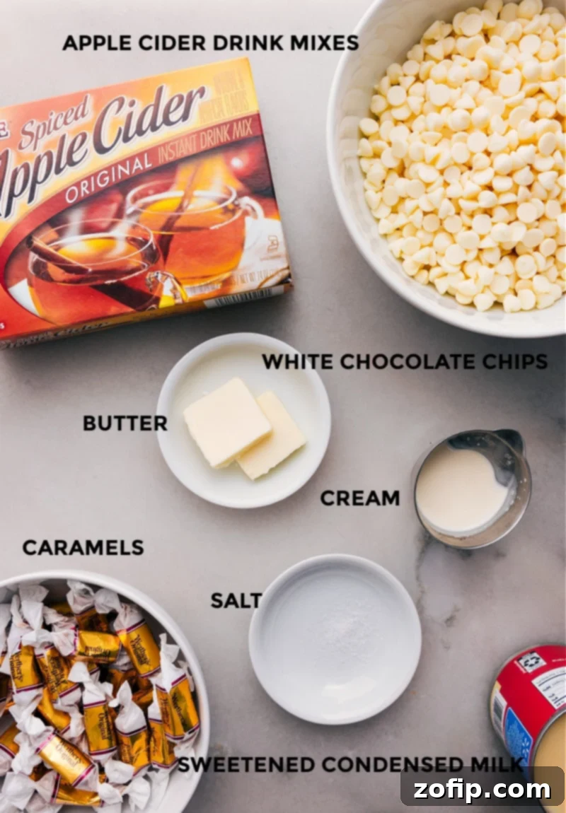 All the essential ingredients for making delicious Caramel Apple Fudge laid out neatly.