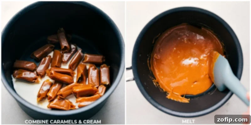Process shot: Caramels and heavy cream melting together in a pot until thoroughly smooth.