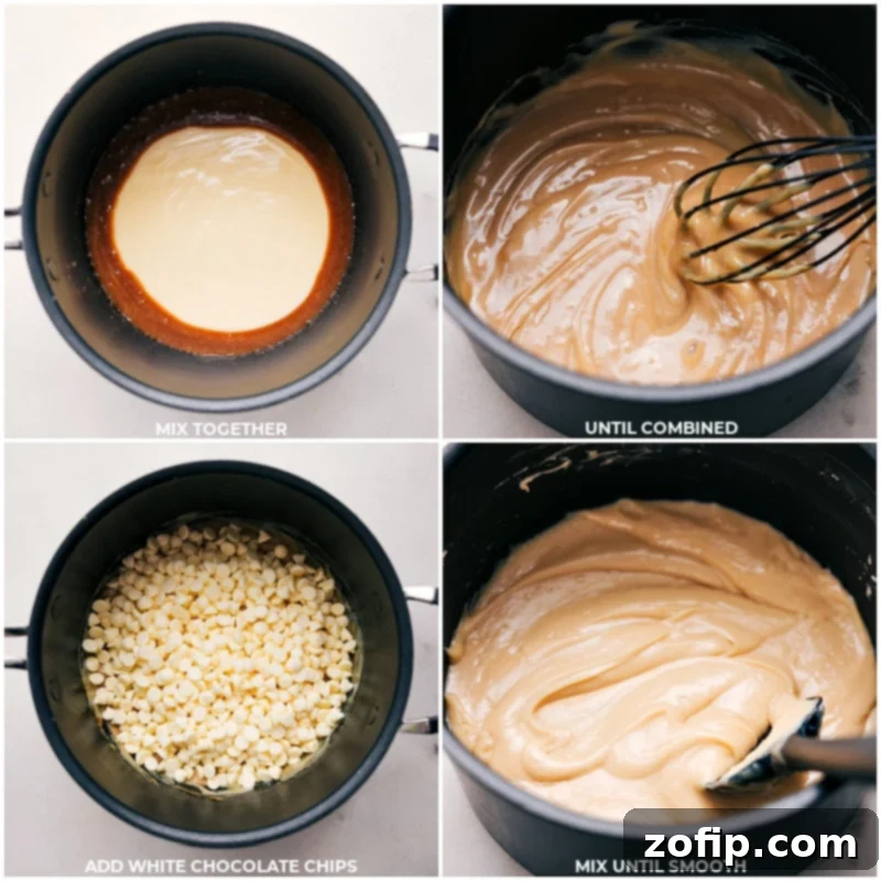 Process shot: Ingredients for the fudge base being mixed together, then white chocolate being folded in until smooth and combined.