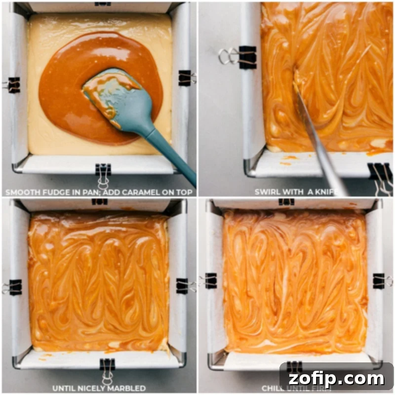 Process shot: Spreading fudge in the pan, adding caramel, swirling for marbling, and chilling until firm.