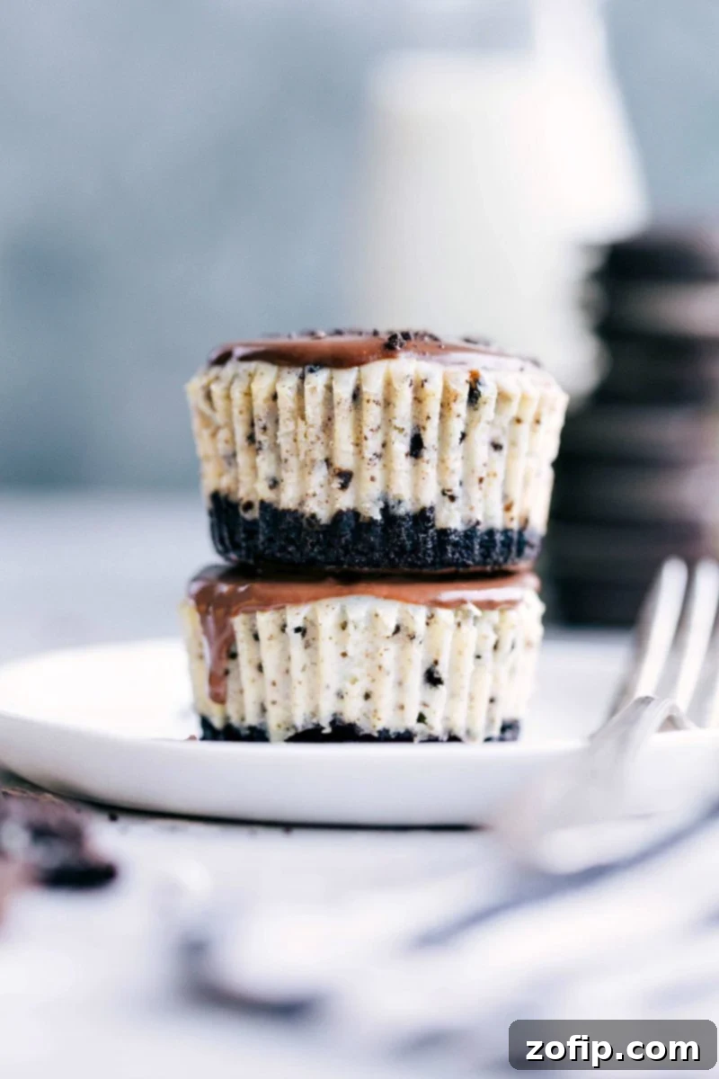Two mini oreo cheesecakes stacked, revealing their golden crust, creamy filling, and luscious chocolate ganache topping.