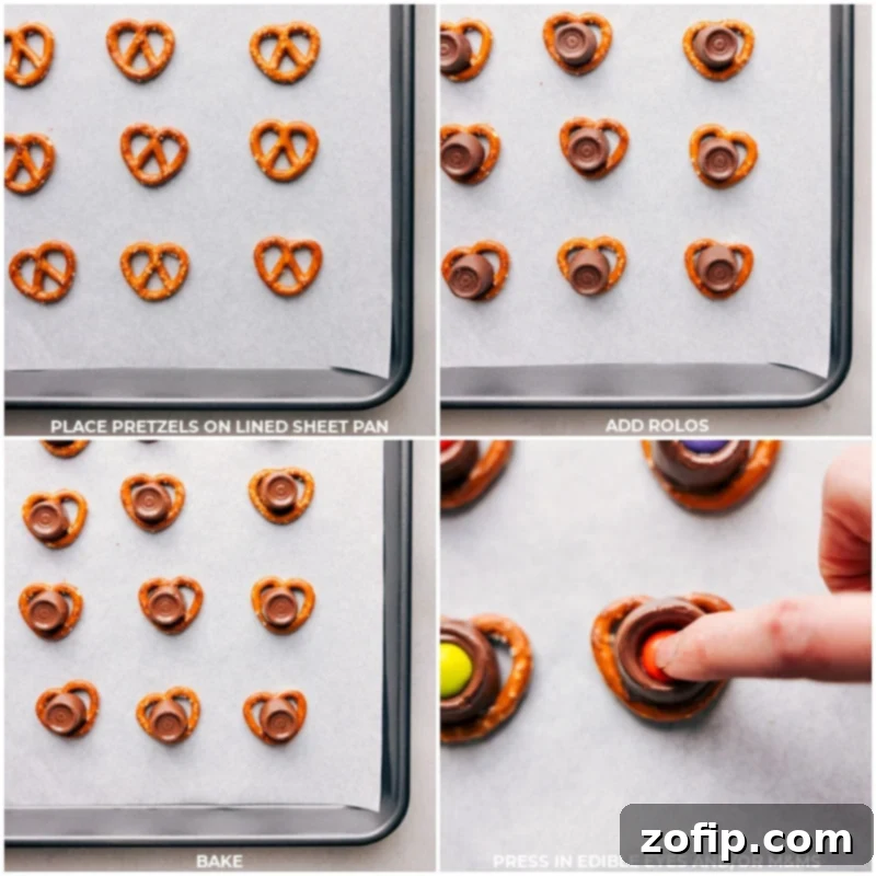 Three sequential process shots illustrating how to create Monster Eyeballs: the first shows pretzels neatly laid on a baking sheet, the second depicts unwrapped Rolos placed centered on each pretzel before baking, and the final image displays M&M's being gently pressed into the softened Rolos immediately after they've been removed from the oven.
