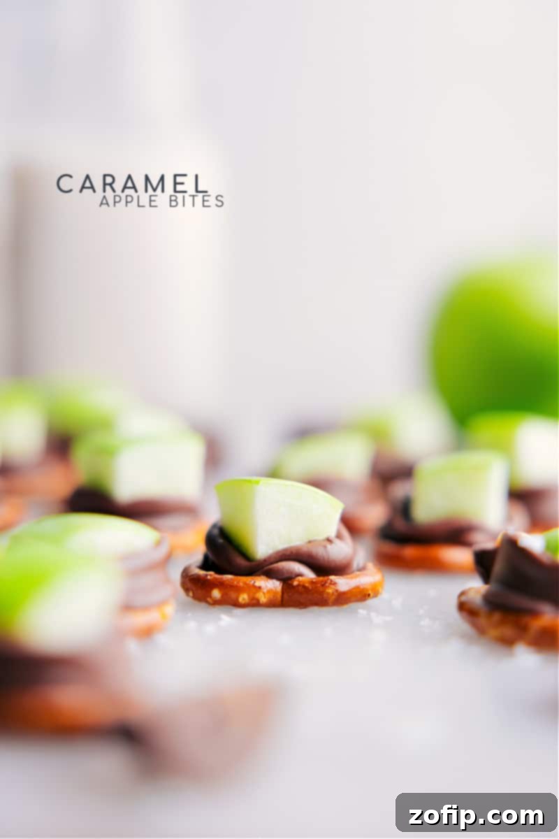 Caramel Apple Bites fresh out of the oven ready to be enjoyed. Individual bites of apple with melted Rolo on pretzel.