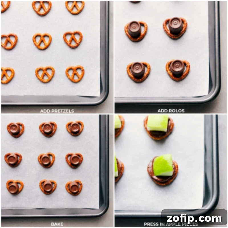 Place the pretzels on a sheet pan, and set the Rolos on top of them. Bake until melted, then top with a fresh apple slice to make these caramel apple bites. Tray of pretzels with Rolos being baked, then topped with apple slices.