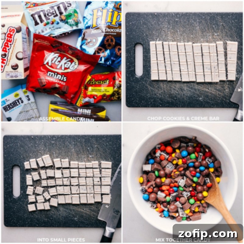 Candy Salad is the most fun mishmash of sweet and salty flavors, featuring standouts like Whoppers, Reese's, and chocolate-covered pretzels. Get ready to mix and enjoy this delightful treat! Process shots showing various candies like Whoppers, Reese's, chocolate-covered pretzels, and M&M's being added to a large mixing bowl, illustrating the easy assembly of Candy Salad.