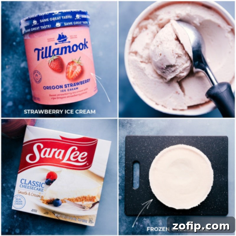 Simple Ingredients for the Easiest Ice Cream Cake Filling Ingredients for Strawberry Cheesecake Ice Cream Cake: Strawberry ice cream and a frozen cheesecake