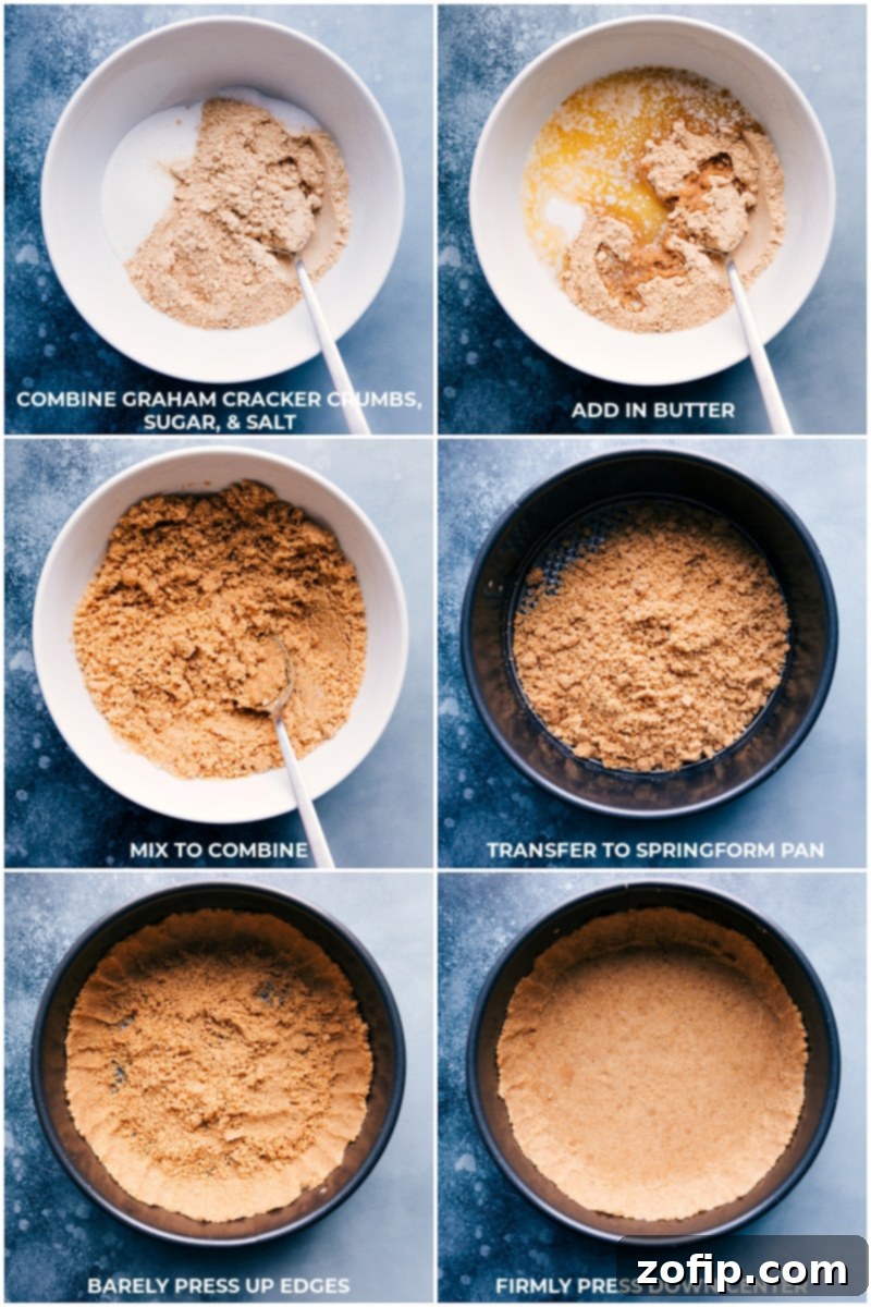 Step-by-Step: Creating the Perfect Graham Cracker Crust for Ice Cream Cake Process of making a graham cracker crust, pressing crumbs into a springform pan