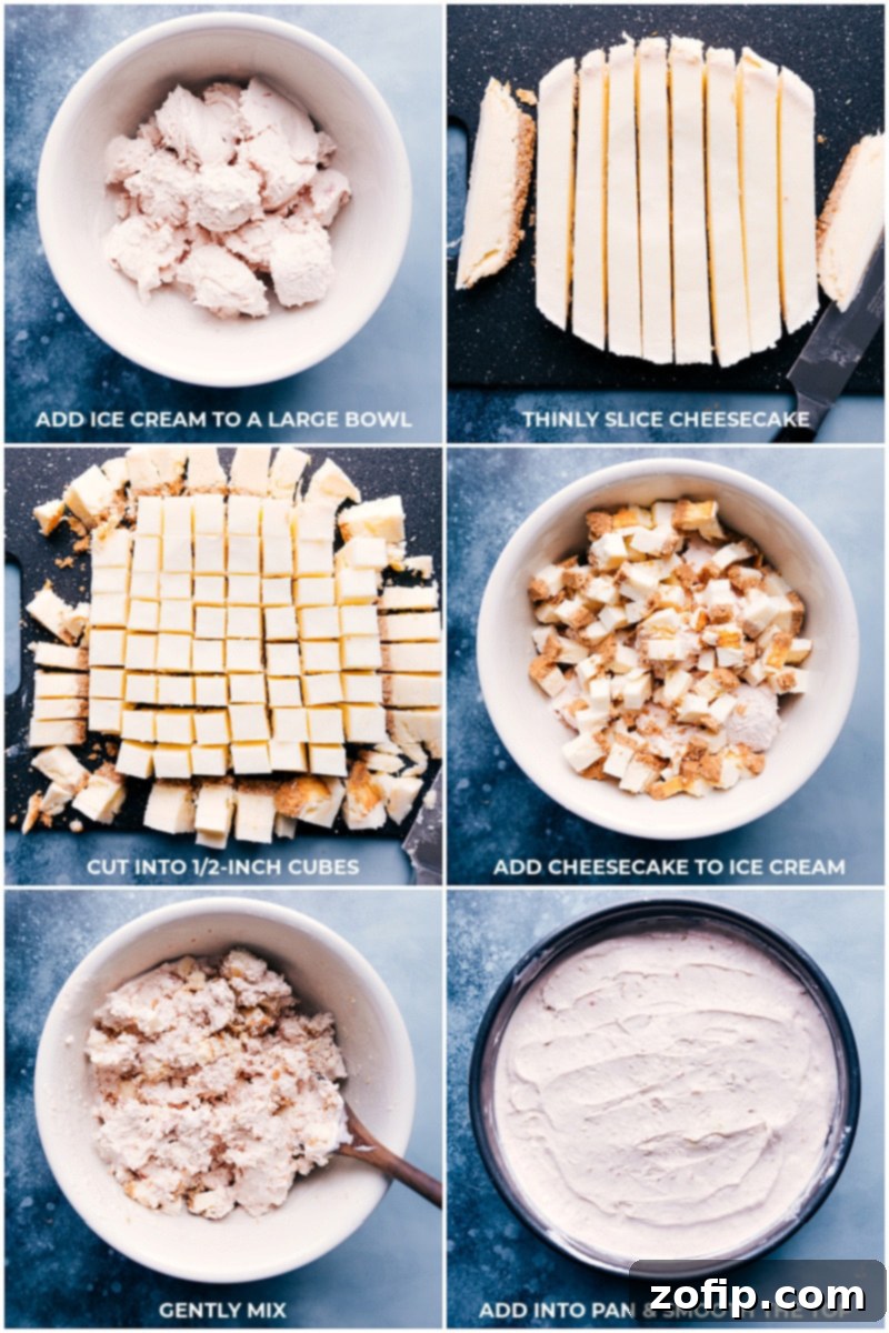 Assembling the No-Bake Strawberry Cheesecake Ice Cream Cake Filling Steps to combine ice cream and cheesecake, then spread into a pan for freezing