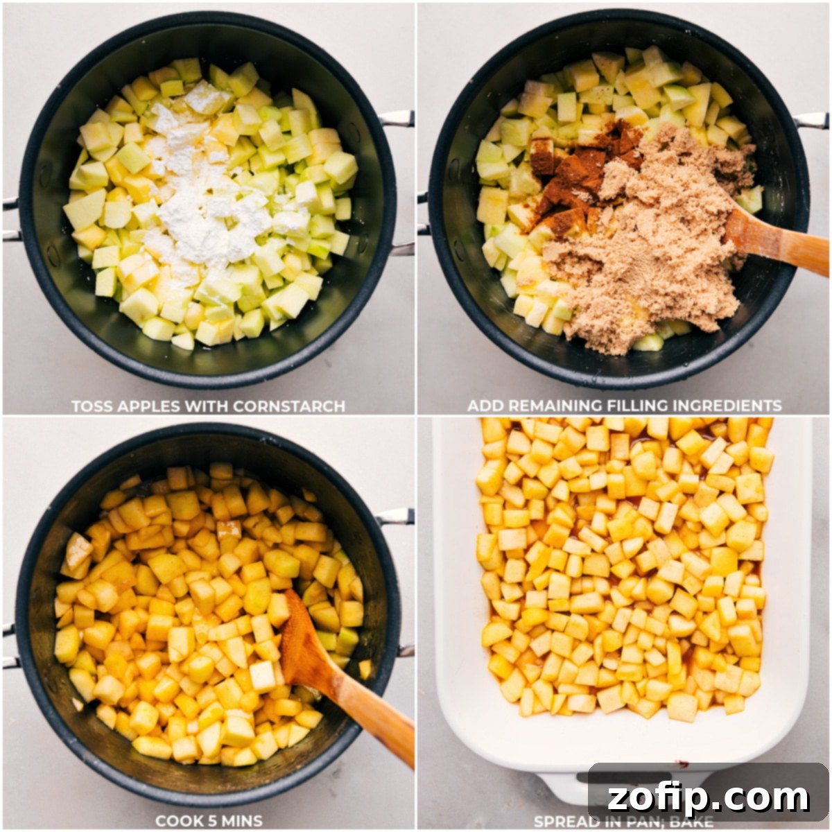 Cubed apples being tossed with cornstarch and other filling ingredients in a large mixing bowl, preparing them for baking in a 9x13 pan for the apple cobbler recipe.