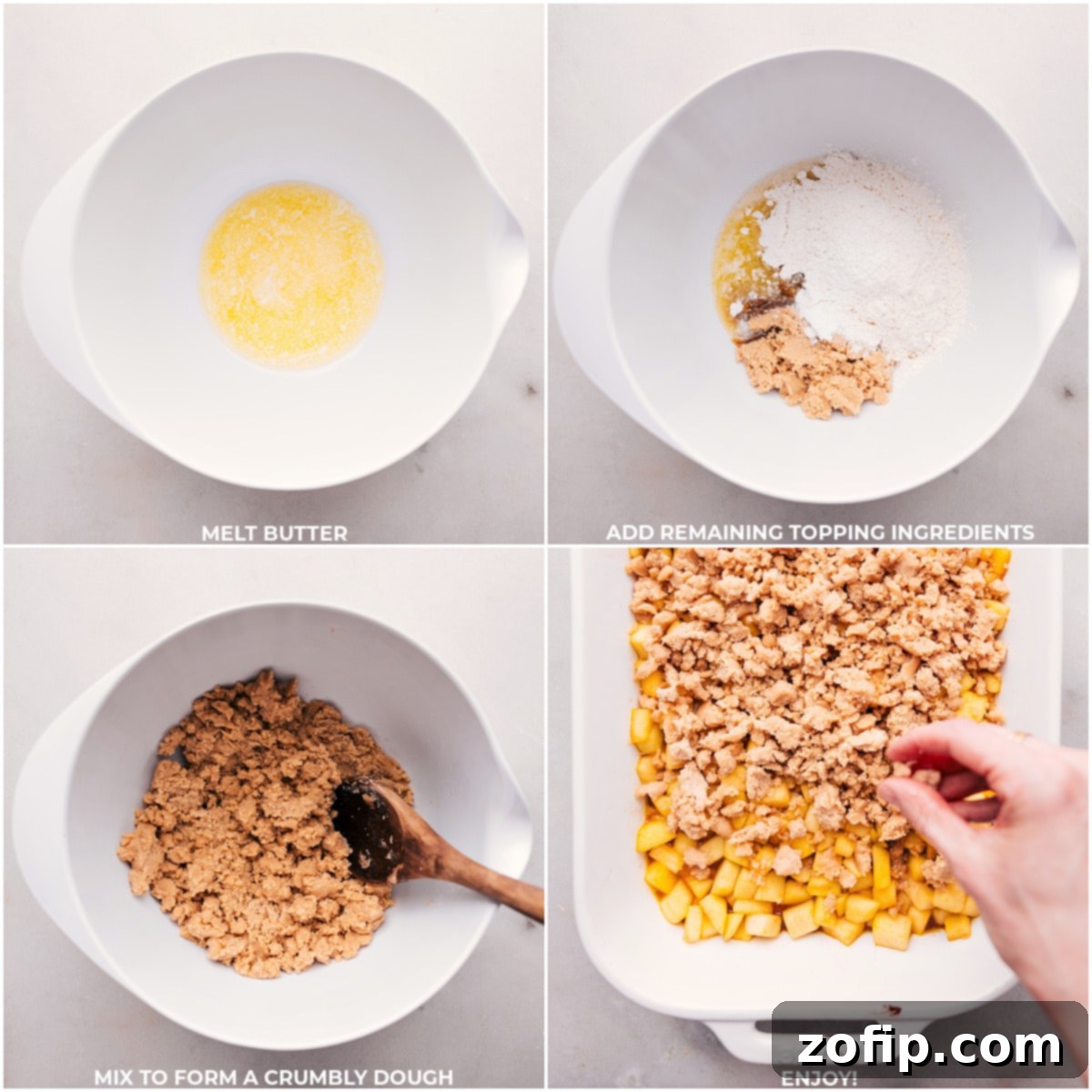 Hands mixing butter, flour, and brown sugar to create the crumble topping, which is then sprinkled over sliced apples in a baking dish.