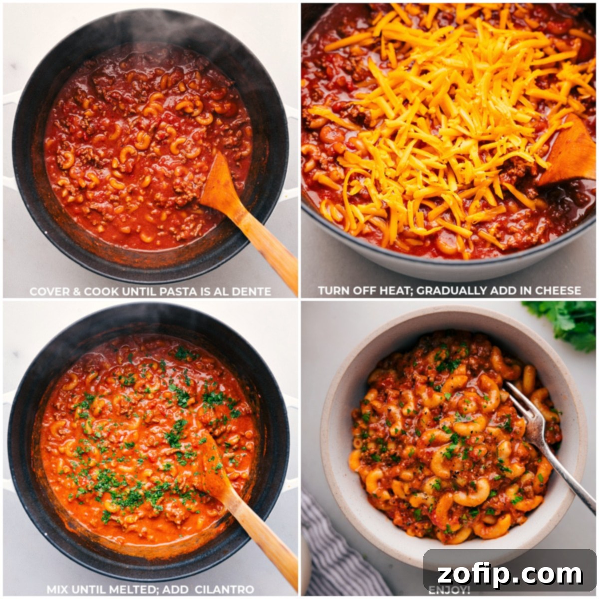 Serving homemade Hamburger Helper in a bowl, garnished with fresh cilantro.