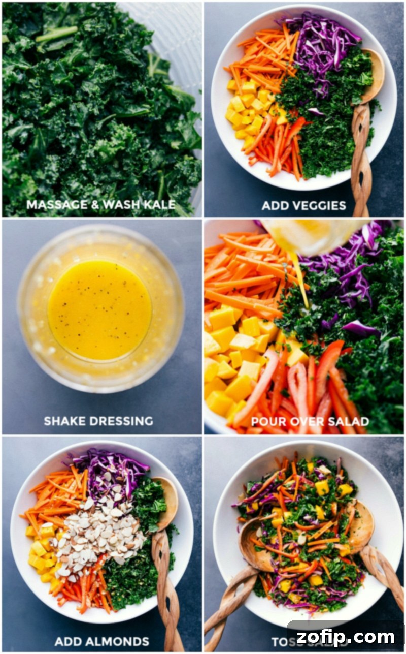 Greens being rinsed and massaged, with vegetables, dressing, and almonds added before tossing together.