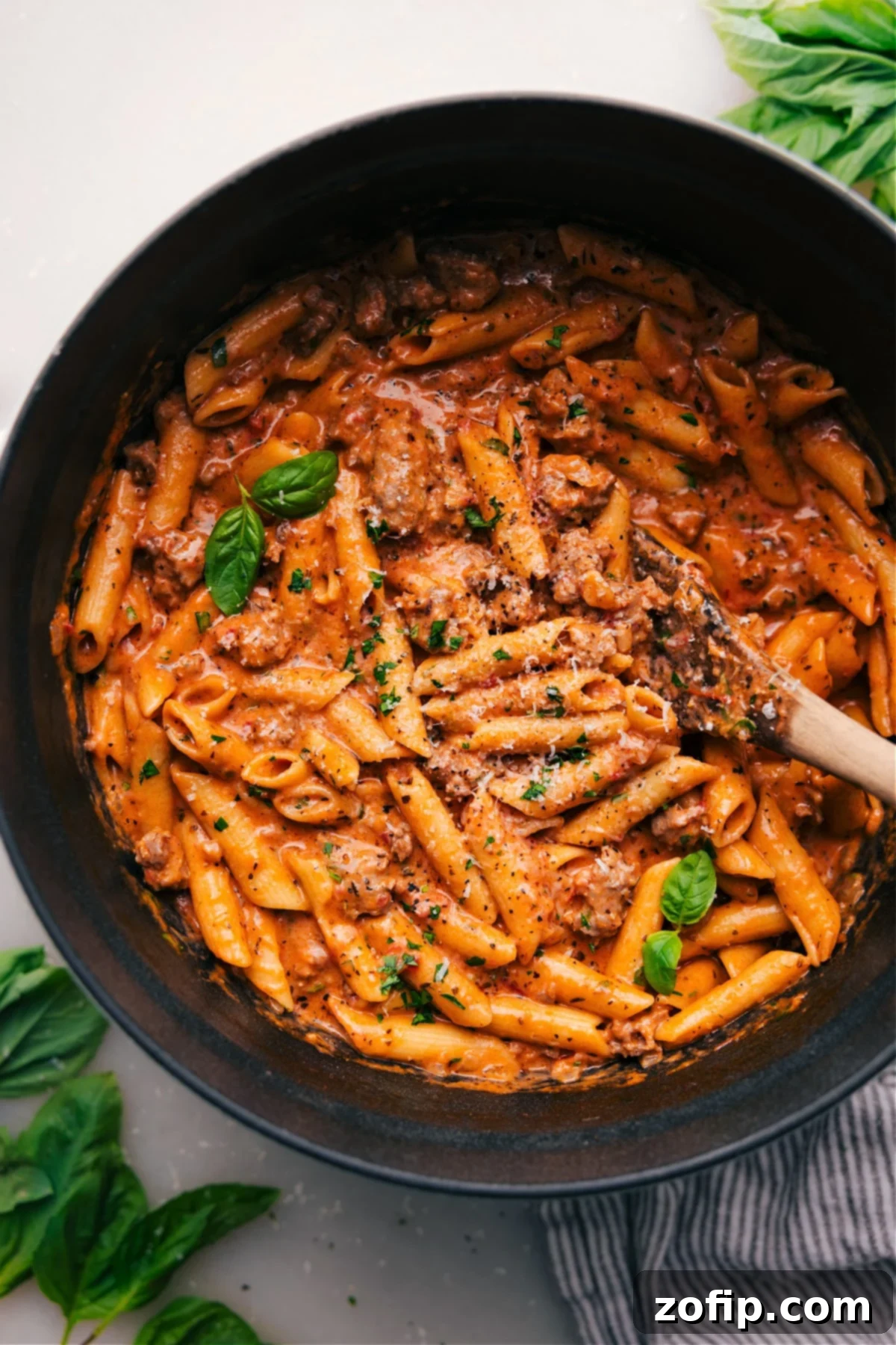 Penne Pasta with Italian Sausage in the Pot. A close-up shot of a large pot filled with creamy tomato penne pasta and chunks of Italian sausage, garnished with fresh herbs.