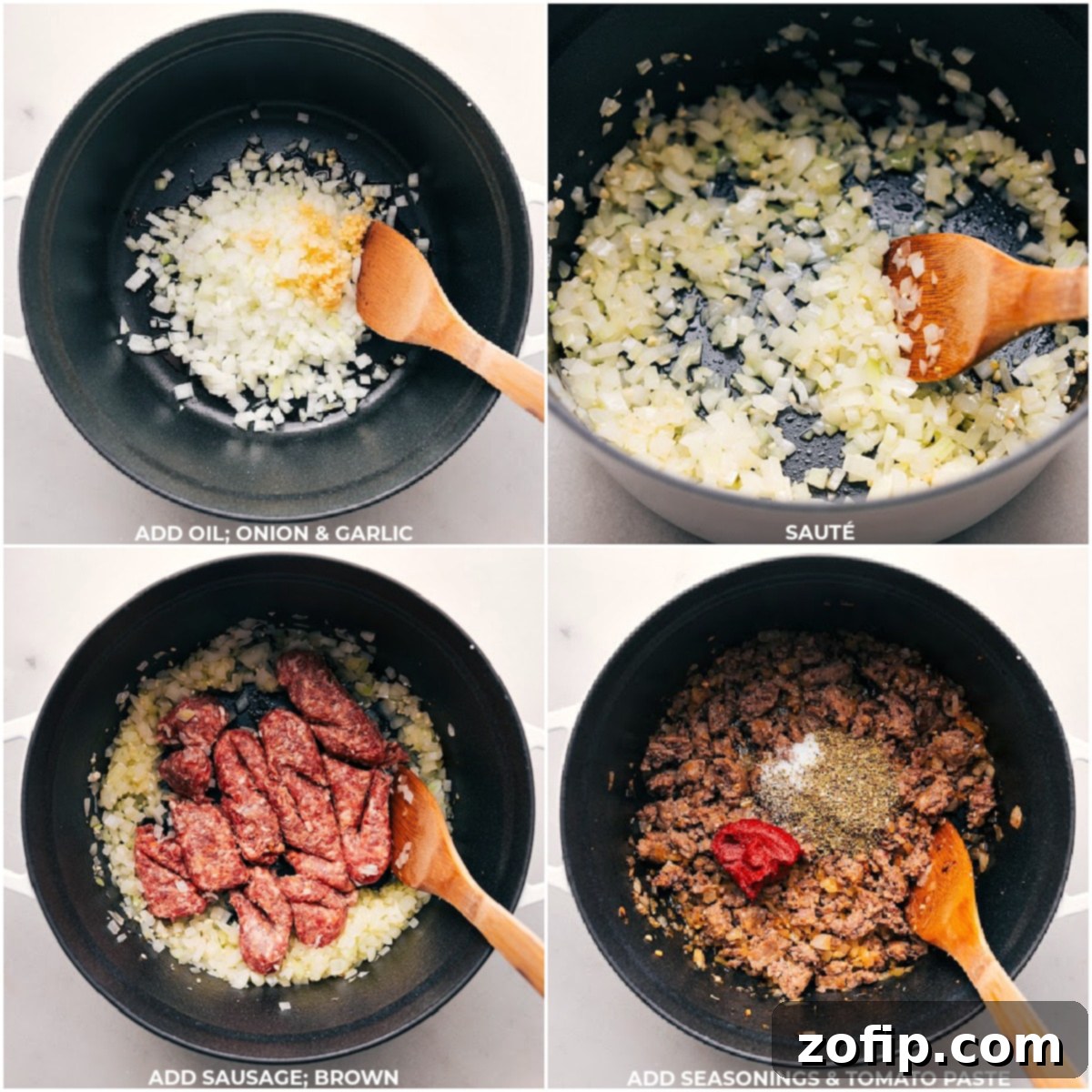 Sautéing Onion and Garlic, Browning Sausage, Stirring in Seasonings and Tomato Paste for One Pot Penne Pasta with Italian Sausage. A sequence of images showing the cooking process of browning sausage, sautéing aromatics, and adding tomato paste and seasonings in a large pot.