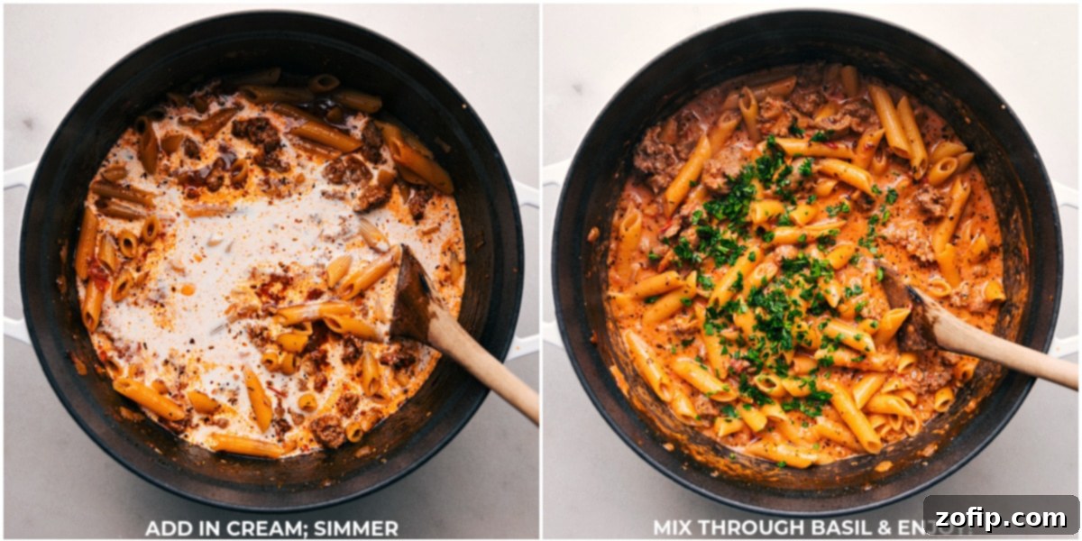 Adding Cream, Simmering, Mixing with Basil, and Serving The Dish. A collage of images illustrating the final steps of the recipe: adding cream, simmering the sauce, stirring in fresh basil, and a close-up of the finished dish being served.