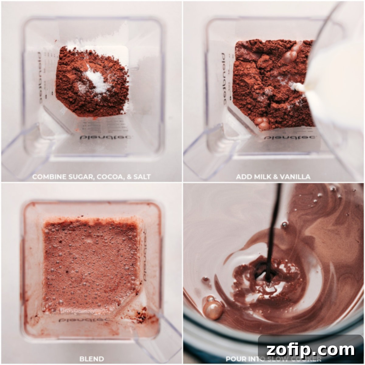 Blender filled with sugar, cocoa, salt, milk, and vanilla, ready to be blended before being added to a slow cooker for the creation of Crockpot Hot Chocolate.