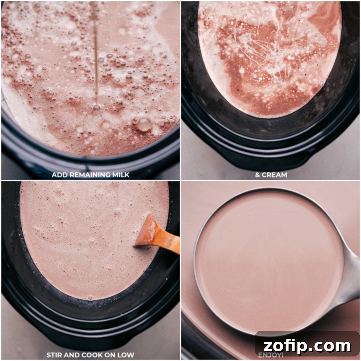 Remaining milk and cream being added to the crockpot, followed by stirring and cooking on low heat to complete the hot chocolate.