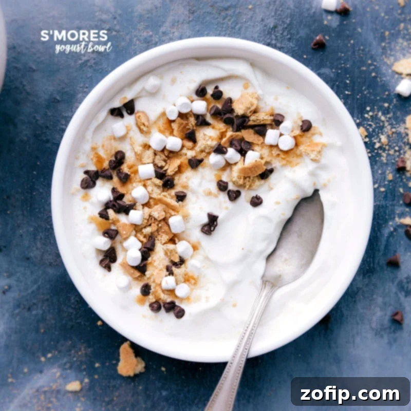 A creative S'mores Yogurt Bowl, playfully garnished with crumbled graham crackers, fluffy mini marshmallows, and tiny chocolate chips, offering a delightful campfire-inspired treat.