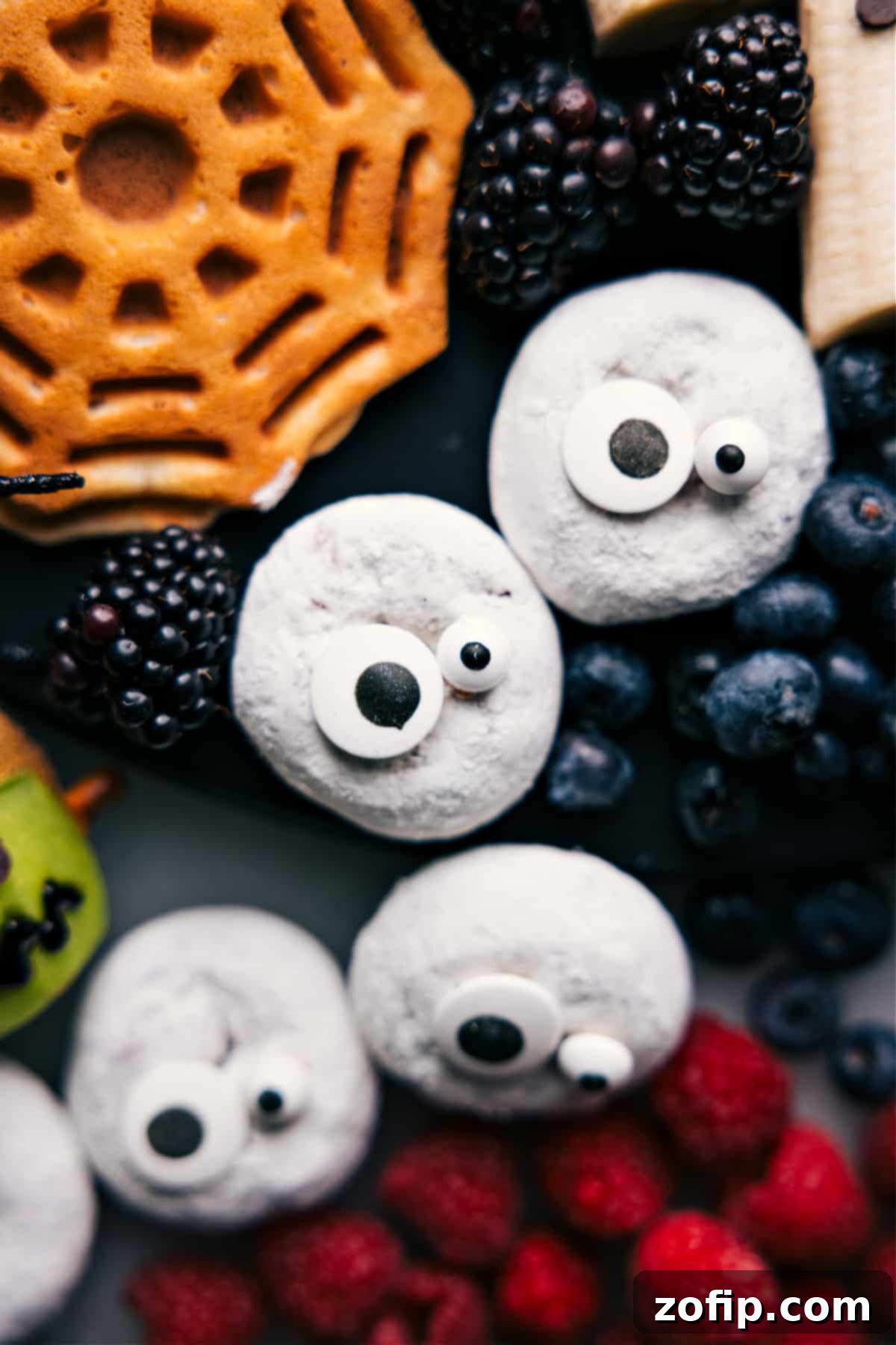 A collection of donuts decorated to resemble adorable ghosts with chocolate chip eyes, a delightful Halloween Breakfast Idea.
