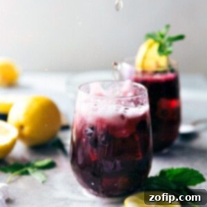 A final glass of sparkling blueberry lemonade, garnished beautifully with fresh blueberries and a lemon slice.