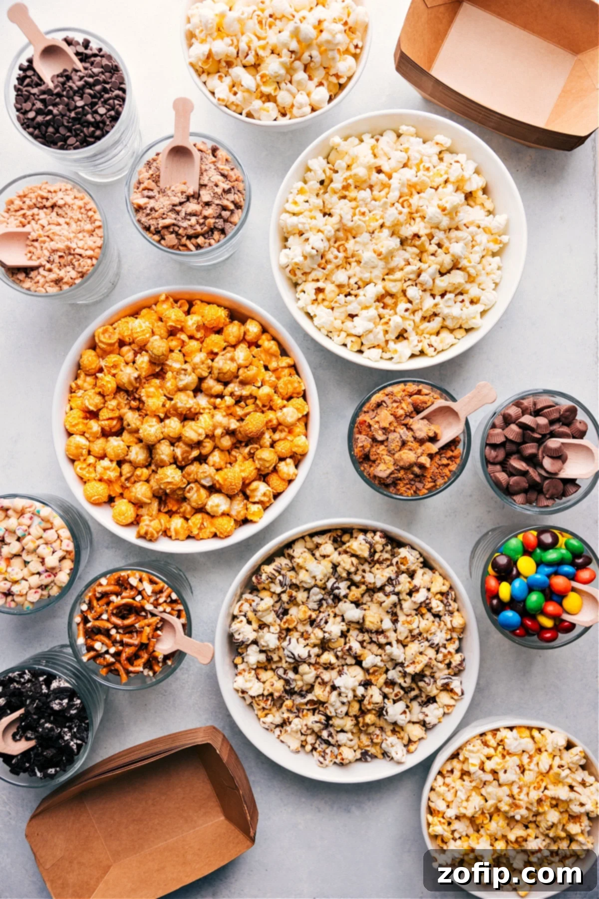 A beautifully arranged Popcorn Bar featuring various popcorn flavors and an assortment of sweet and savory toppings in clear bowls and jars.