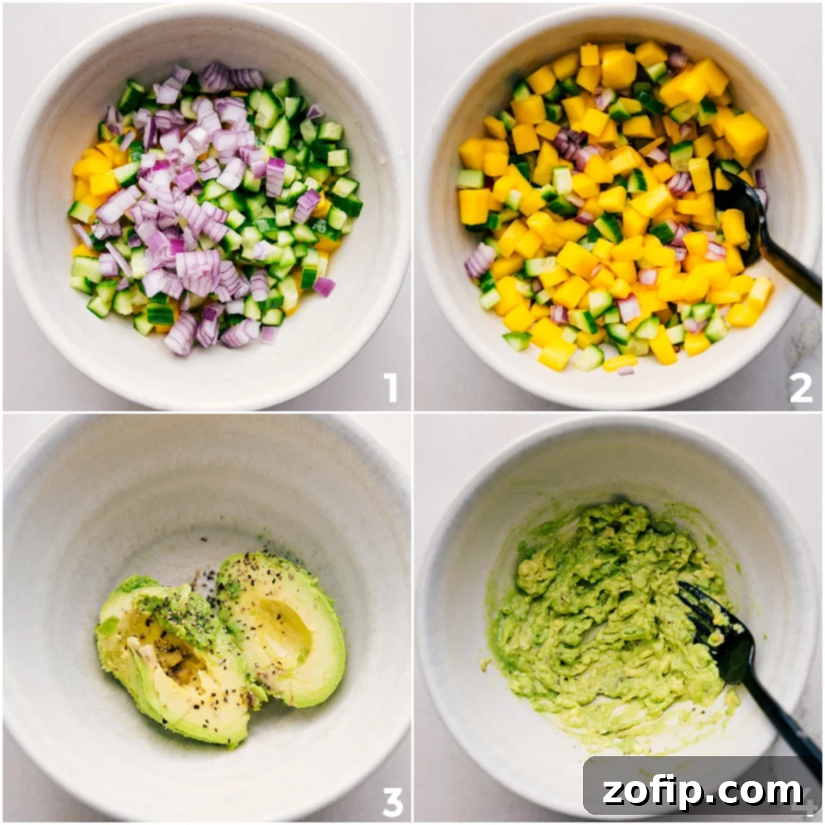 The vibrant mango salsa is mixed in one bowl, and the creamy avocado mixture is mashed and seasoned in another, preparing these core layers for the Tuna Sushi Stacks.