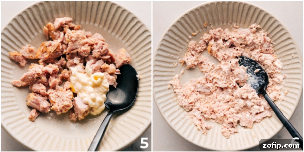 The succulent tuna is expertly mixed with creamy mayo and a hint of Dijon mustard for these flavorful tuna stacks, ensuring a rich and cohesive layer.