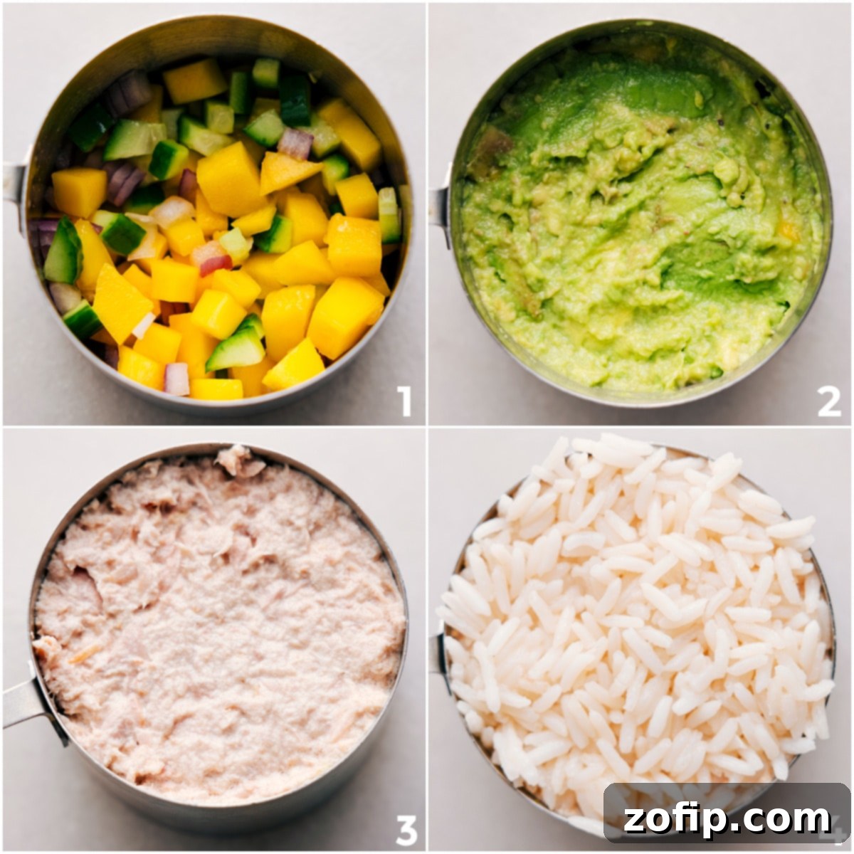 Step-by-step assembly of the tuna stack recipe, showing how to layer the mango mix, creamy avocado, savory tuna, and fluffy rice inside a 1-cup measuring cup.