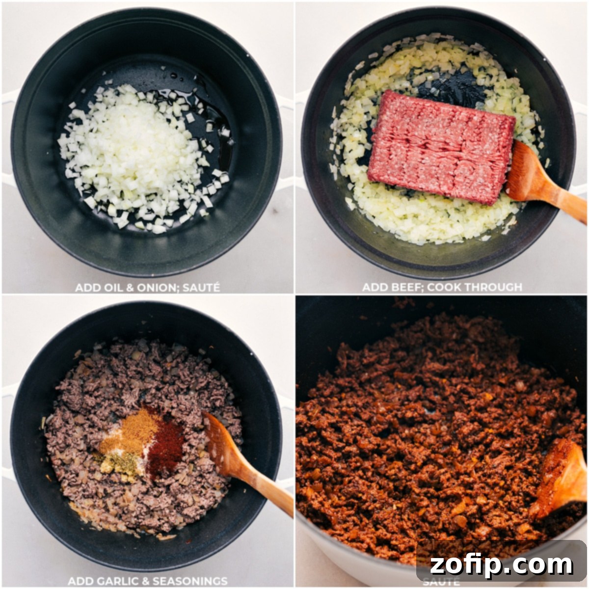 For this recipe, sauté onions, brown beef, add garlic, and season for flavor.