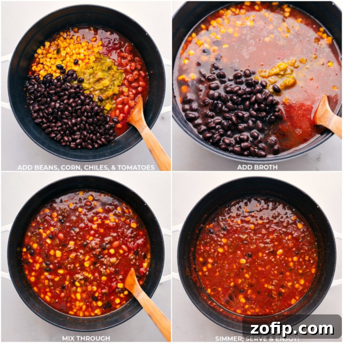 Adding beans, corn, chiles, and broth, and mixing it all together in a pot.