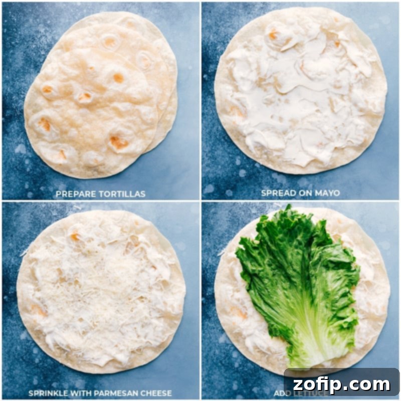 Visual guide: Layering mayonnaise, lettuce, and Parmesan cheese on a tortilla for Italian Wraps.